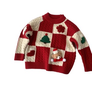 Christmas Girls Sweater Red Round Neck Thickening Full Sleeve With Bear Design - Product Image 5
