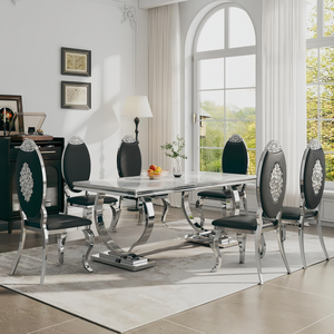 Ensemble de table à manger en acier inoxydable argenté pour 6 personnes, table à manger moderne avec plateau en marbre blanc et chaises argentées, utilisation à domicile ou à l'hôtel - Product Image 3