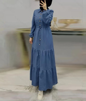 Abaya élégante en polyester respirant à manches longues et couleur unie pour femmes musulmanes, style cowboy, idéale pour l'Aïd au Moyen-Orient - R-722