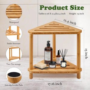 Étagère d'angle de salle de bain en bambou Jinyage Home Furnishings, tabouret de rangement à deux niveaux avec drainage pour la douche et le bain - Product Image 2