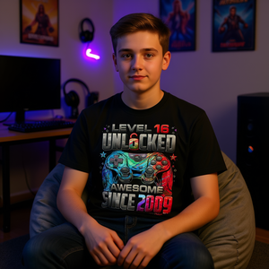 Impresionante camiseta para juegos del 16.º cumpleaños, nivel 16 desbloqueado desde 2009, camiseta promocional premium - Product Image 3