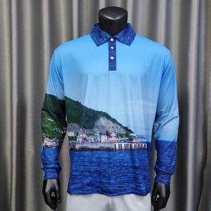 Chemise polo pour homme personnalisée en sublimation, UPF50+, polyester et élasthanne, séchage rapide, pêche, randonnée, équipe, manches longues, col chemise - Product Image 1