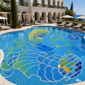Mosaïque murale de luxe en verre thermofusible motif paon, haute fidélité, pour la décoration des murs de fond de stades, parcs aquatiques, gymnases et piscines extérieures - Product Image 2