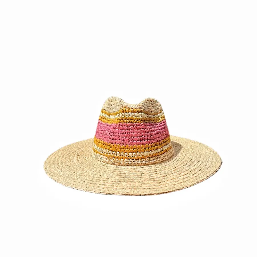 Custom Pure Hand Woven Luxury Raffia Crochet Wide Brim Beach Sun Hat Ladies Straw Hat for Summer Women