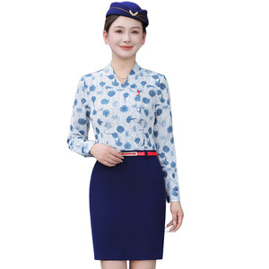 Summer Women's Short Sleeve Shirt Blue Floral Print Slim Fit No-Wrinkle Polyester Airline Uniform Workwear - Product Image 5