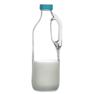 透明玻璃牛奶瓶套装，带手柄和盖子，厨房用重型牛奶瓶液体容器