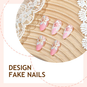 24 pièces de faux ongles en forme d'amande française 3D <span class=keywords><strong>avec</strong></span> effet d'ondulation d'eau, couverture complète, <span class=keywords><strong>avec</strong></span> motif de papillon et de fleur en <span class=keywords><strong>diamant</strong></span> et colle - Product Image 2