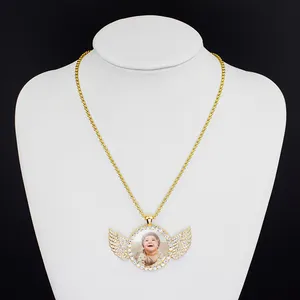 Lateefah OEM Oval Heat Diamond Angel Wings PVD Hip-hop Photo Necklace Pendant