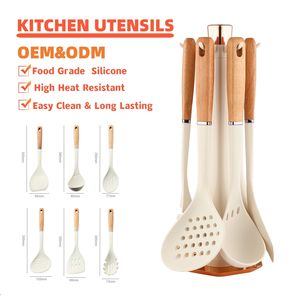 Wholesale Food Grade High Heat Resistant Cooking Utensils Gadget Set <b>Silicone</b> Kitchen Utensils with Rotating Stand - Product Image 1