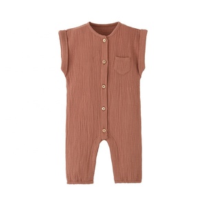 夏の新生児女の子男の子ロンパースボディスーツジャンプスーツ無地ラウンドネックノースリーブボタンアップロンパース - Product Image 4