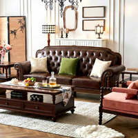 Ensemble de canapés en cuir et bois massif de style ancien, cuir de vachette première couche, combinaison 1+2+3, design épuré, mobilier de salon et de villa, quatre pièces