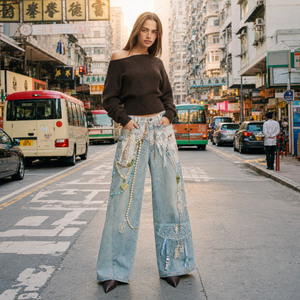 Vaqueros anchos de pierna recta para mujer, azul claro, con perlas y detalles de encaje, estilo streetwear, pantalones de mezclilla de pierna ancha - Product Image 1