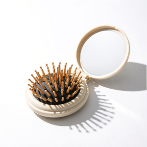 Folding Round Hairbrush With Mirror Compact For Daily Use - Product Image 2