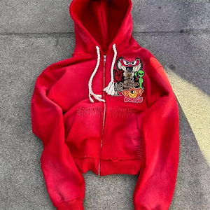 Nouvelle Veste Sweat à Capuche Zippée Style Urbain Personnalisée, Coupe Ample, Patchwork, Broderie, Effet Usé et Délavé à l'Acide - Product Image 4