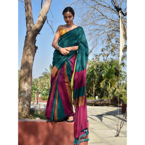 Sarees de Algodón Khadi de la Mejor Calidad con Bordado de Barra de Color y Borlas (Con Blusa), para Oficina/Uso Diario y Fiestas - Product Image 1