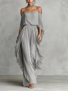 OUDINA New Summer Chiffon Casual Asymmetrical Off Shoulder <strong>Flowy</strong> <strong>Tops</strong> Blouse Women Two Piece Sets Trousers Pants Set - Product Image 6