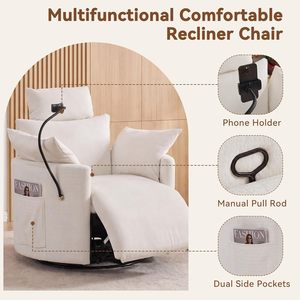 Poltrona a dondolo manuale per cameretta, reclinabile girevole a 360° con porta telefono e poggiapiedi, in ciniglia oversize, bianca - Product Image 6