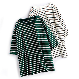 High Quality Womens T-shirts, Customize Breathable <b>Material</b> Short Sleeve Woman Striped T Shirt v Neck Blank Custom Printing - Product Image 5