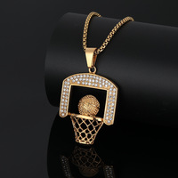 Collar con colgante de aro de baloncesto de acero inoxidable dorado con circonitas, cadena tipo caja, joyería deportiva para hombres y mujeres, venta al por mayor, OEM, regalo
