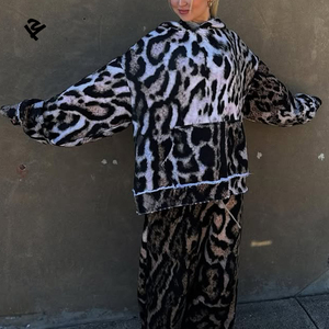 Women Leopard Print Oversized Hoodie Set Two Piece Lounge Tracksuit Wide Leg Pants Casual Y2K Streetwear Trend 2026 <strong>Clothing</strong> - Product Image 4