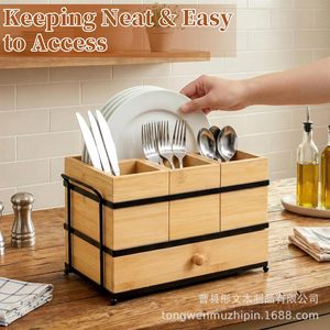 Wooden Cutlery <b>Storage</b> <b>Box</b> 3 Tier Desktop Organizer With Drawer For <b>Kitchen</b> Utensil <b>Storage</b> - Product Image 2