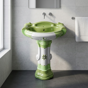 Green Marble Effect Round Ceramic Designer Wash Basin with Full Pedestal - Product Image 2