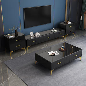 Ensemble table basse et meuble TV pour salon moderne, blanc avec pieds dorés, design minimaliste pour petits appartements - Product Image 3