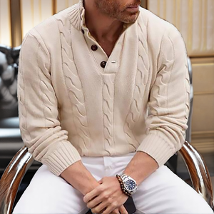 Winter Thin Breathable Anti-Pilling Knitted Polyester Crocheted Turn-<b>down</b> Collar with Front Logo Button Men's Sweater Pullover - Product Image 2