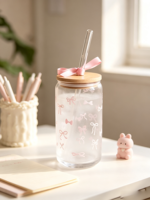 Tasse à Bubble Tea en Verre Borosilicate Style Ins, Grande Capacité, Mignonne, avec Paille et Couvercle Nœud, pour Dames Élégantes