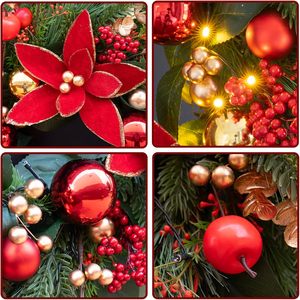 Guirlande de Noël artificielle à suspendre pour l'extérieur, avec des fleurs de poinsettia rouges et des baies rouges, décoration de porte DIY - Product Image 4