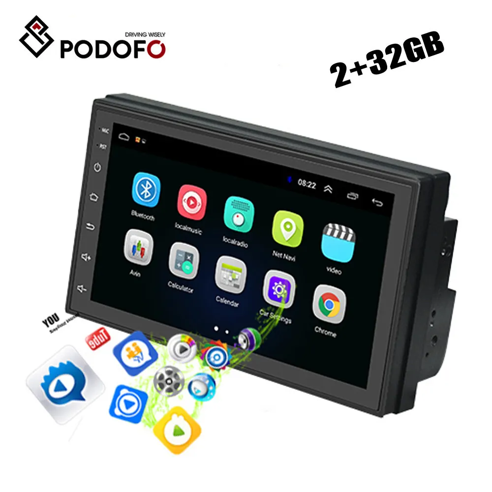 Podofo 7 ''2 + 64GB Android Car Radio Vídeo Estéreo 2 Din HD 2.5D Vidro Temperado Touch Screen GPS WIFI FM BT RDS