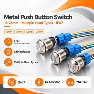 สวิตช์ปุ่มกดโลหะขนาด 16 มม. 19 มม. 22 มม. แบบกดติดปล่อยดับ กันน้ำ IP65 พร้อมไฟ LED สำหรับใช้กับเครื่องใช้ไฟฟ้าภายในบ้าน - Product Image 1