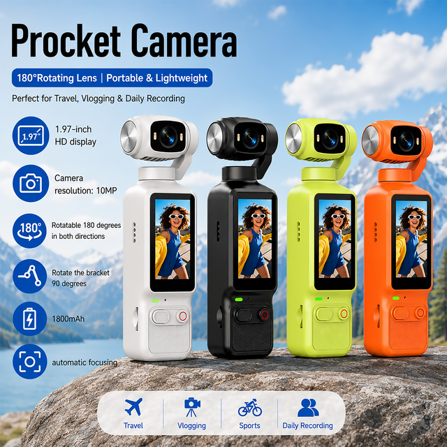 Portable Pocket Gimbal Camera 10MP 180° Rotating Lens 1.97 Inch HD Display Auto Focus Vlogging Camera for Travel Hiking