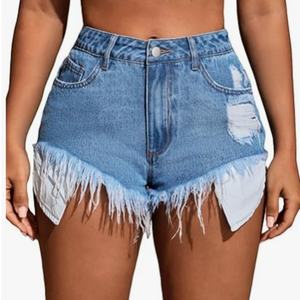 Shorts de mezclilla OEM de cintura alta para mujer, estilo casual recto con botones y cremallera, rasgados, sexys, de gran venta para el verano - Product Image 1