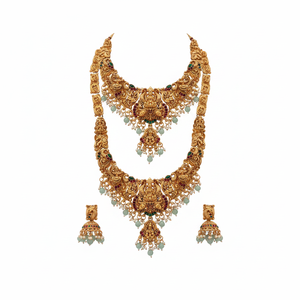 Parure de collier longue traditionnelle indienne du sud pour mariée, en alliage plaqué or avec boucles d'oreilles en zircon, style vintage pour fiançailles et mariage - Product Image 2