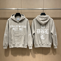 Sweat à capuche zippé intégral surdimensionné pour homme, kaki, avec strass, style gothique, imprimé lettres double face, streetwear vintage, veste décontractée, survêtement