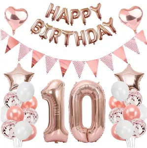 Decorazioni per l'anniversario di compleanno delle 10th ragazze in oro rosa con palloncini per gagliardetti di buon compleanno ghirlanda gigante numero 10 palloncino foil