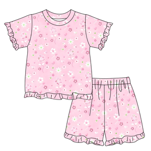 GSSO3339 Conjunto de Verano Personalizado para Niña Pequeña, con Estampado de Flores y Lazos Rosas, Conjunto de Manga Corta para Niña, Venta al Por Mayor - Product Image 2