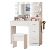 Table de toilette moderne en bois massif blanc avec station de charge, 4 tiroirs, 10 ampoules LED, miroir LED HD, tabouret rembourré, support pour sèche-cheveux, maquillage