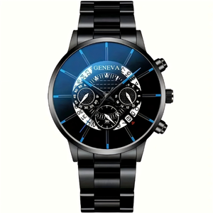 Wholesale Fashion Men's Stainless Steel Bracelet Pendant Necklace Ring Quartz <strong>Watch</strong> <strong>Set</strong> <strong>Geneva</strong> Business Calendar 40mm Glass - Product Image 5