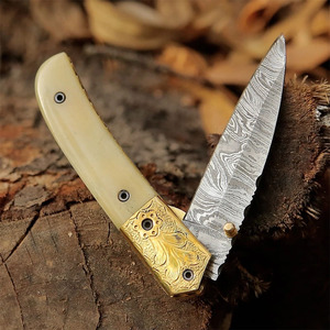 High Quality Damascus Stainless Steel Drop Point Folding <b>Knife</b> Back Lock <b>Bone</b> <b>Handle</b> Sheath for Pocket Hunting Camping <b>Knife</b> - Product Image 2