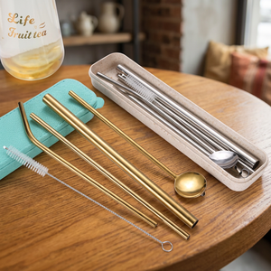 Metal <b>Drinking</b> <b>Straws</b> Set 5Pcs Reusable Cocktail Bar Accessories Minimalist Style Gold Tone - Product Image 3