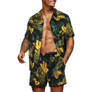 Stock Summer Hawaiian Beach Polyester Quick Dry Shirt Men Two Piece Set Shorts and Shirt Set For Men