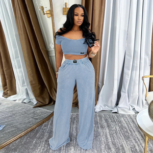 Ensemble pantalon d'été décontracté deux pièces stretch rétro avec col en <span class=keywords><strong>U</strong></span>, haut court, t-shirt et pantalon taille haute à jambes larges - Product Image 2