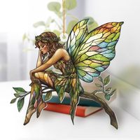 Pendentif en acrylique 2D imprimé UV et gravé au laser, style conte de fées et fantaisie, branche d'arbre, fée et elfe, pour rétroviseur de voiture et décoration intérieure
