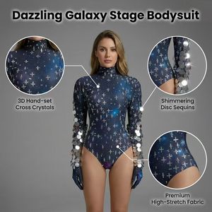 Body in Cristallo con Stampa Galassia Personalizzata, Strass a Croce e Paillettes, Maniche Lunghe, per Drag Queen, Showgirl e <span class=keywords><strong>Ballerine</strong></span> - Product Image 2