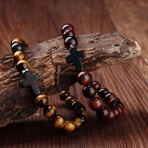 Bracciale Vintage con croce in pietra naturale <span class=keywords><strong>e</strong></span> bracciale rotondo con perline <span class=keywords><strong>di</strong></span> agata <span class=keywords><strong>occhio</strong></span> <span class=keywords><strong>di</strong></span> <span class=keywords><strong>tigre</strong></span> <span class=keywords><strong>e</strong></span> <span class=keywords><strong>ametista</strong></span> elastico per uomo <span class=keywords><strong>e</strong></span> donna regalo - Product Image 3