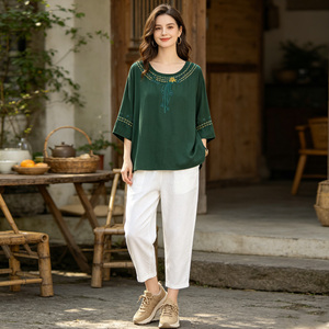 Women's Bohemian Knitted Blouse Crew Neck Three Quarter Sleeve Breathable Regular Fit Solid Green Spring Summer Casual Wear - Product Image 1