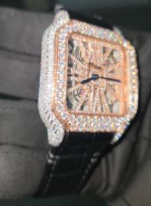 Montre analogique classique de luxe en cuir noir avec diamants en moissanite, acier inoxydable - Product Image 3