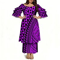 Ensemble 2 pièces pour femmes grandes tailles, haut à manches évasées à volants, jupe longue, imprimé tribal polynésien violet noir, robe Samoa Puletasi